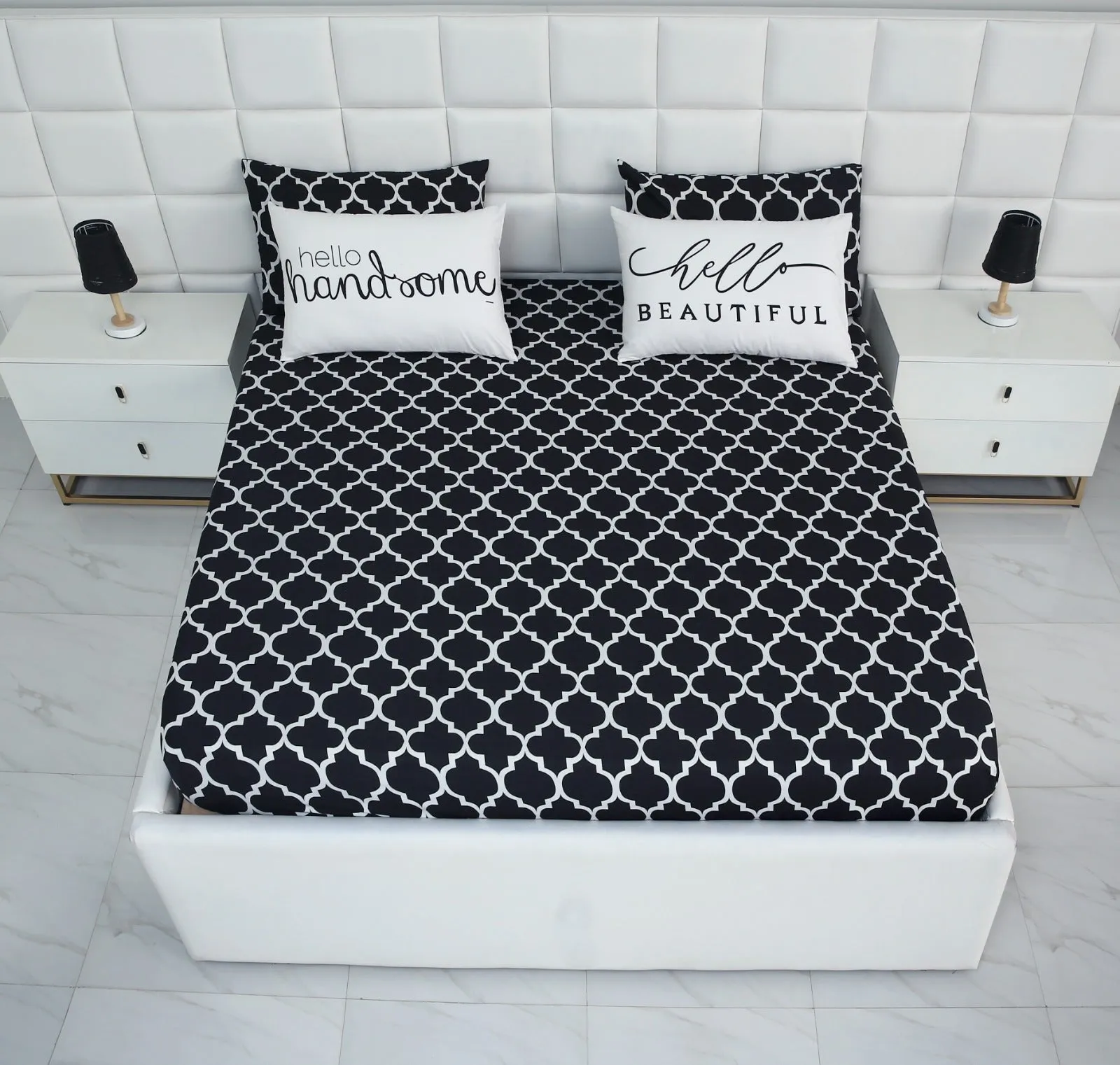 5 PCs Fitted Bed Sheet With Text Pillows-Couple Set CS09