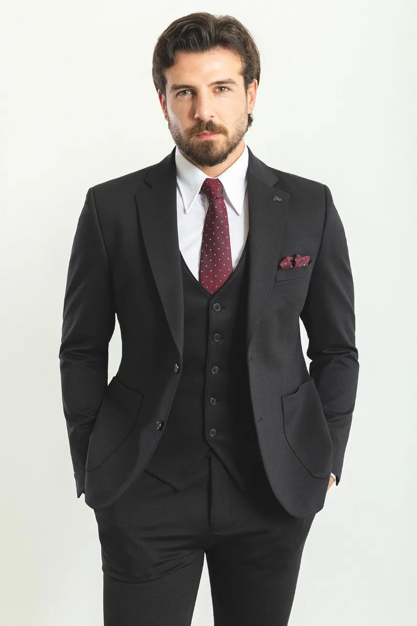 Black Slim Fit Notch Lapel 3 Piece Suit | GentWith