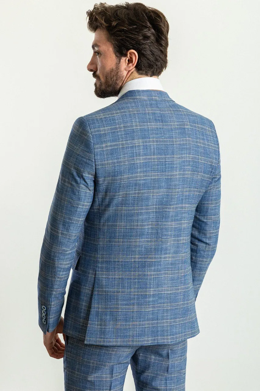 Blue Slim Fit Notch Lapel 3 Piece Plaid Suit for Men | GentWith