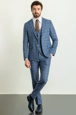 Blue Slim Fit Notch Lapel 3 Piece Plaid Suit for Men | GentWith