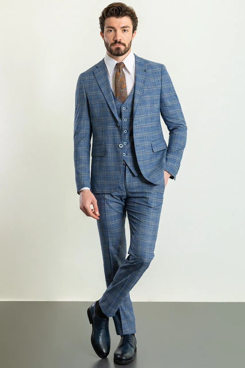 Blue Slim Fit Notch Lapel 3 Piece Plaid Suit for Men | GentWith