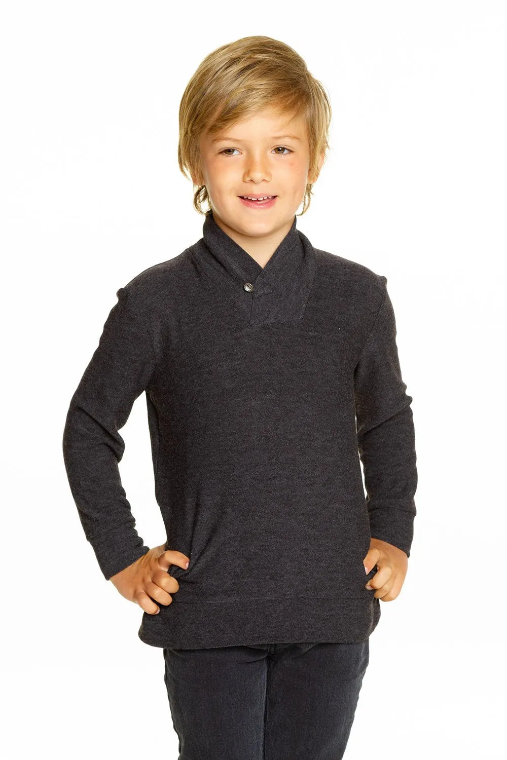 Chaser Boys Cozy Knit Black L/S Shawl Collar Pullover