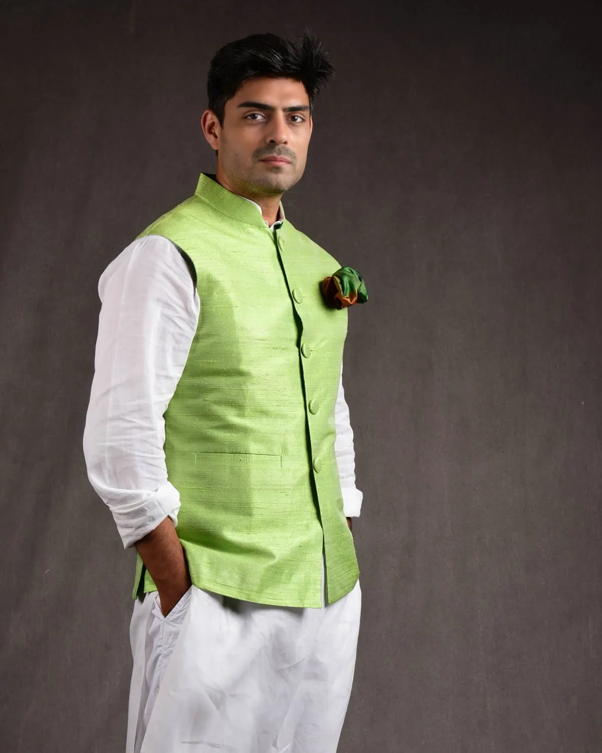 Green Raw Silk Slim Fit Mens Modi Jacket