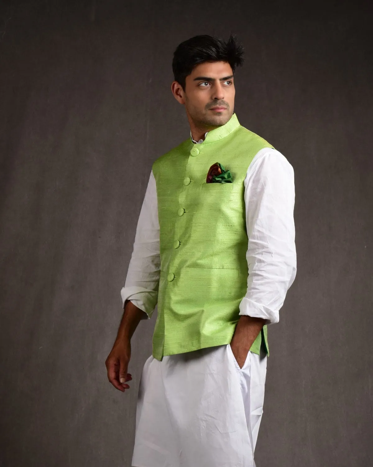 Green Raw Silk Slim Fit Mens Modi Jacket