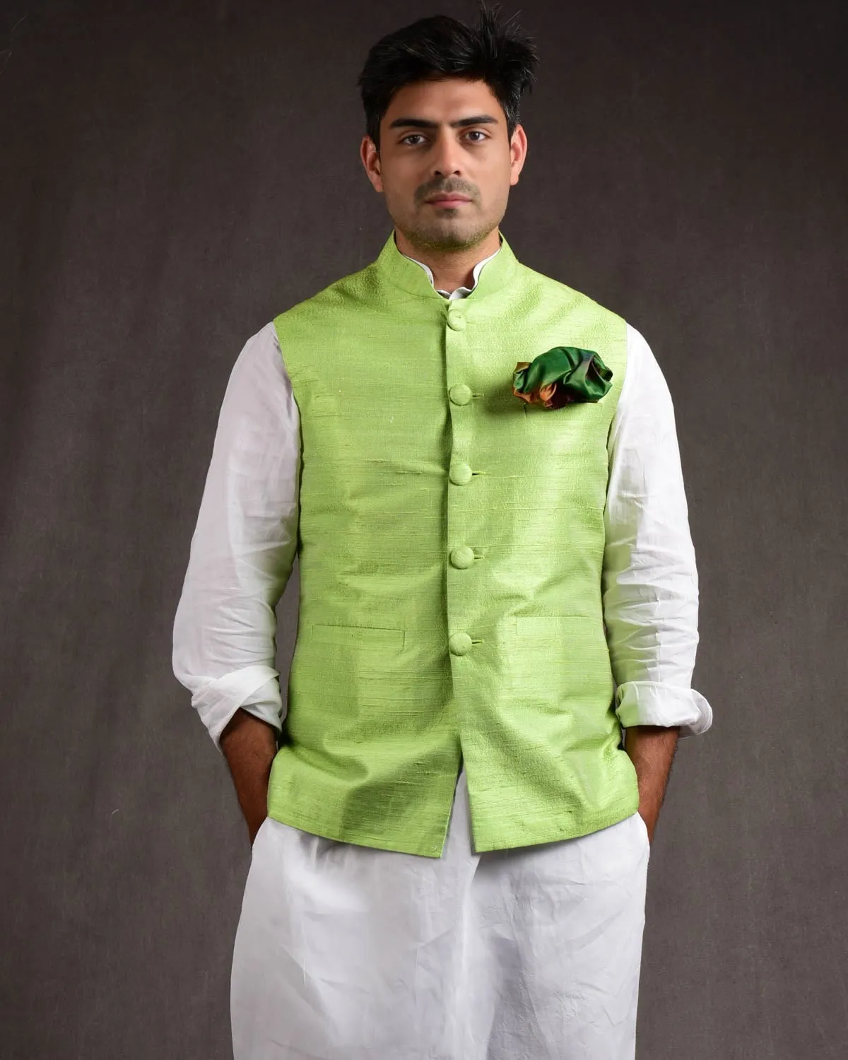 Green Raw Silk Slim Fit Mens Modi Jacket
