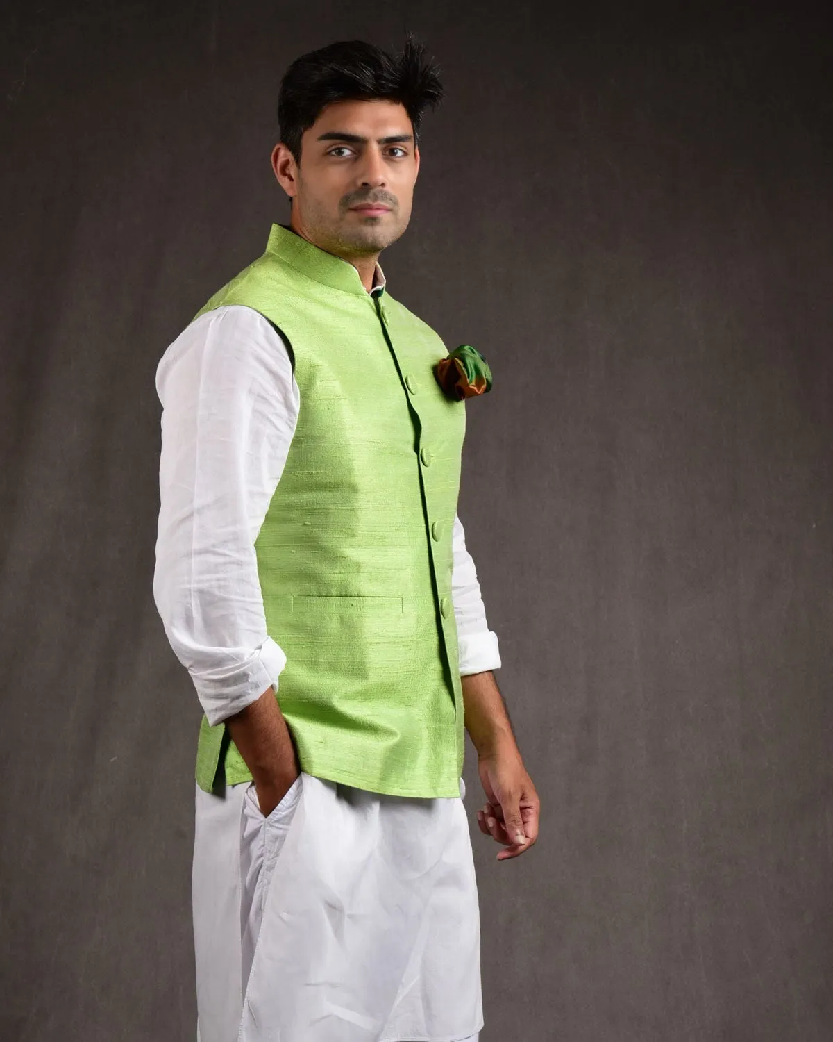 Green Raw Silk Slim Fit Mens Modi Jacket