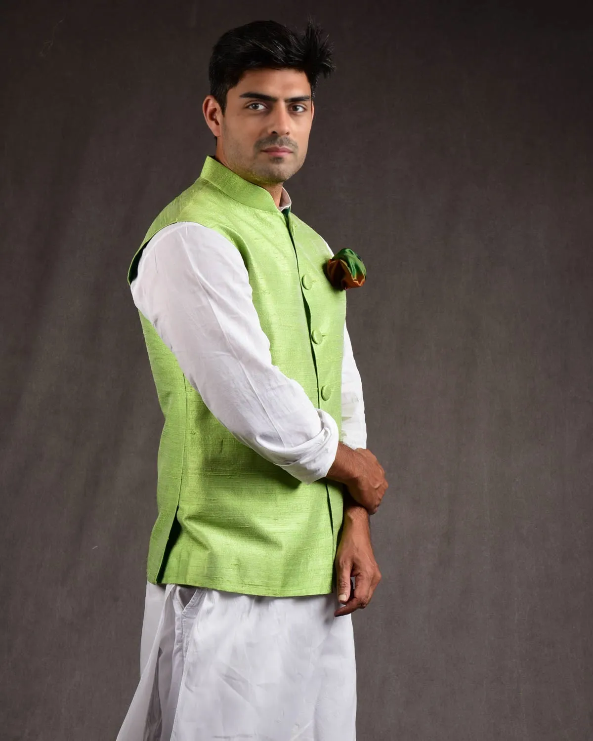 Green Raw Silk Slim Fit Mens Modi Jacket
