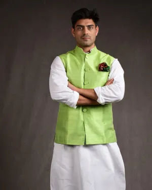Green Raw Silk Slim Fit Mens Modi Jacket