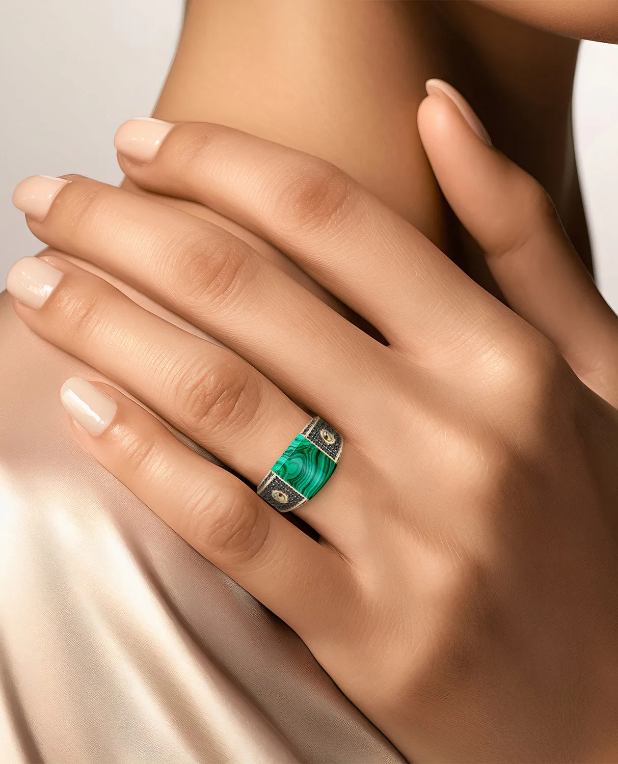 MONTANA Gold Signet Ring with 1.25ct Malachite and Black Diamonds
