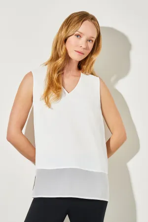 Sheer Hem Crepe de Chine Tank, White