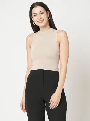 Women Slim Fit Beige Solid Flat Knit Top