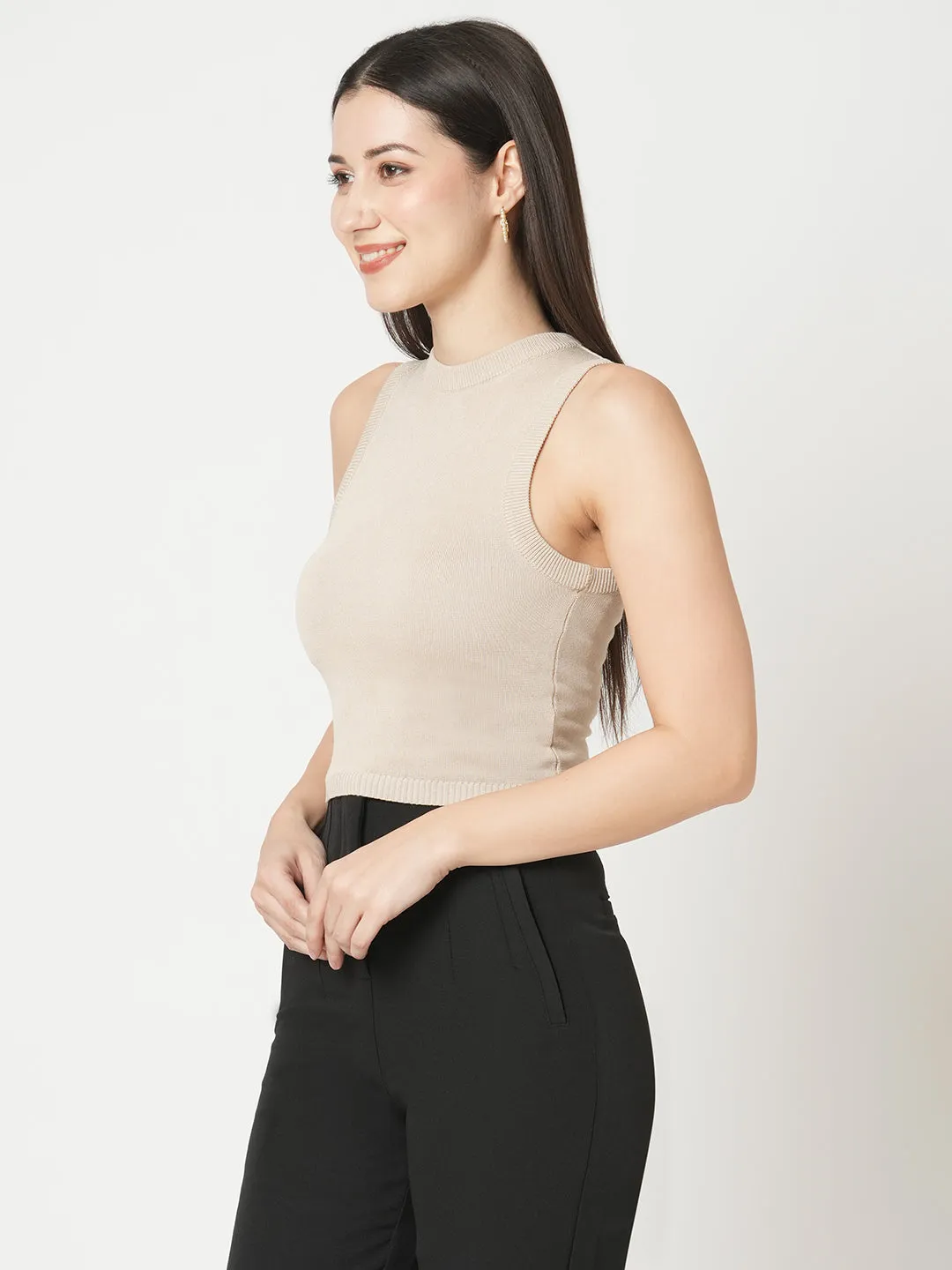 Women Slim Fit Beige Solid Flat Knit Top