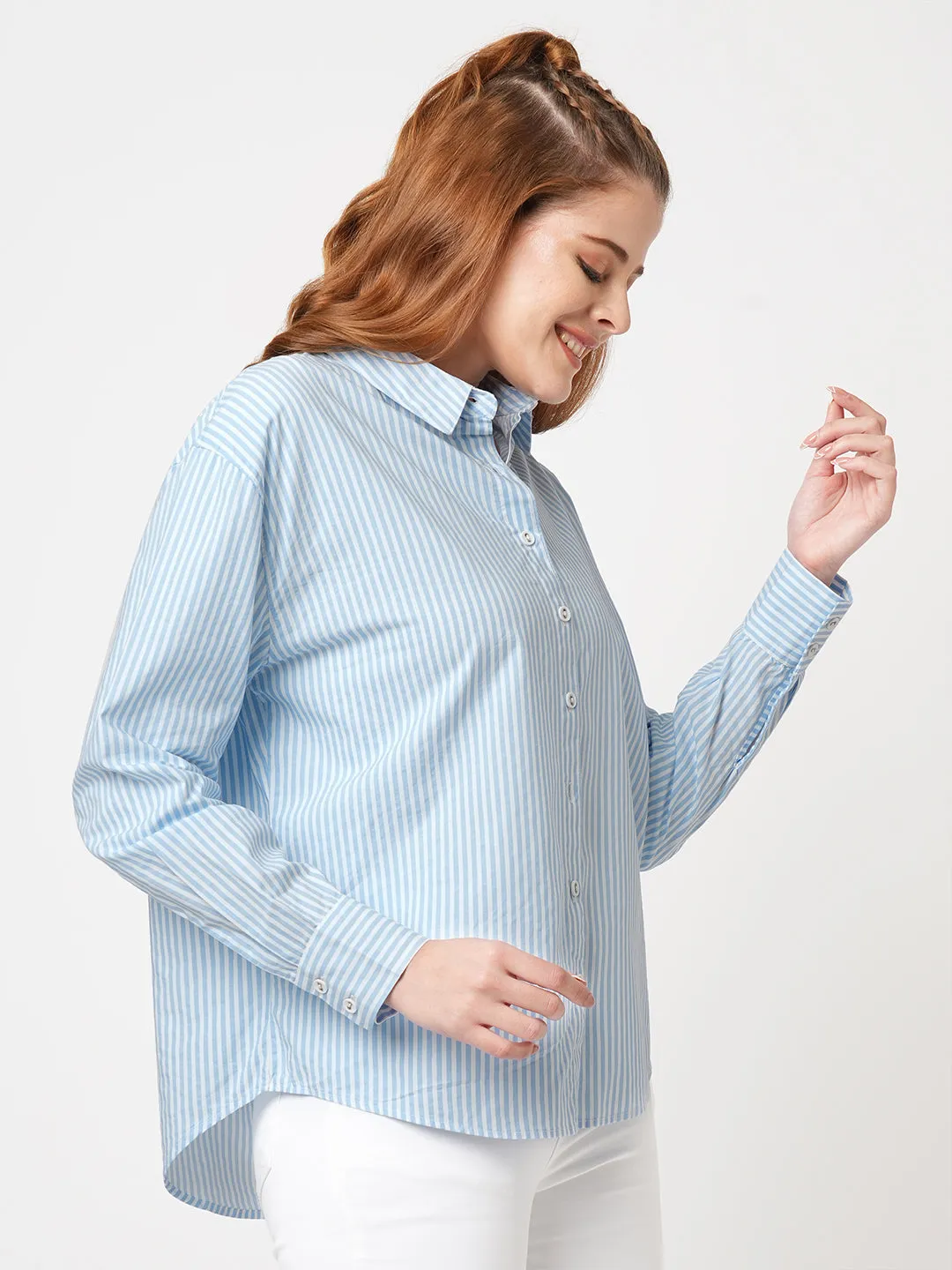 Women Slim Fit Sky/White Oversized Shirt