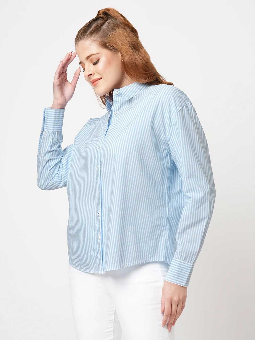 Women Slim Fit Sky/White Oversized Shirt