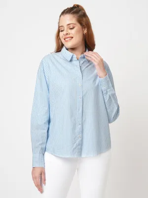 Women Slim Fit Sky/White Oversized Shirt