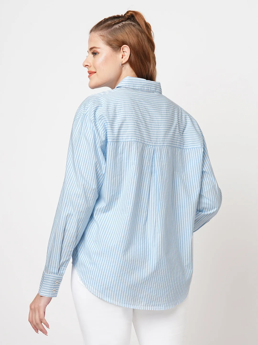 Women Slim Fit Sky/White Oversized Shirt