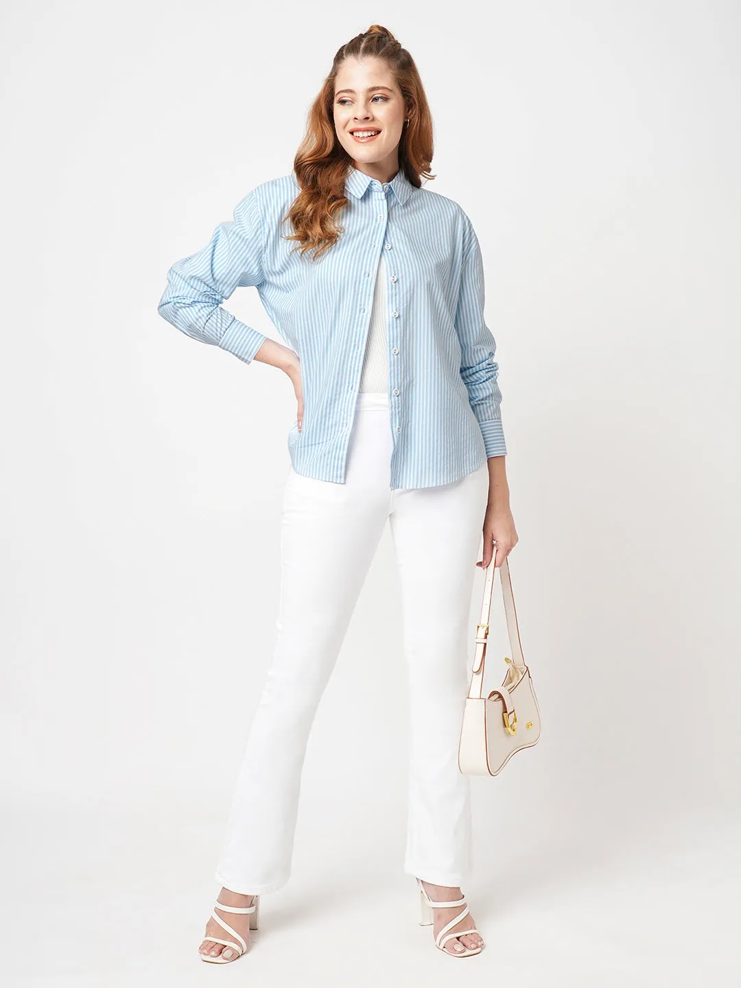 Women Slim Fit Sky/White Oversized Shirt
