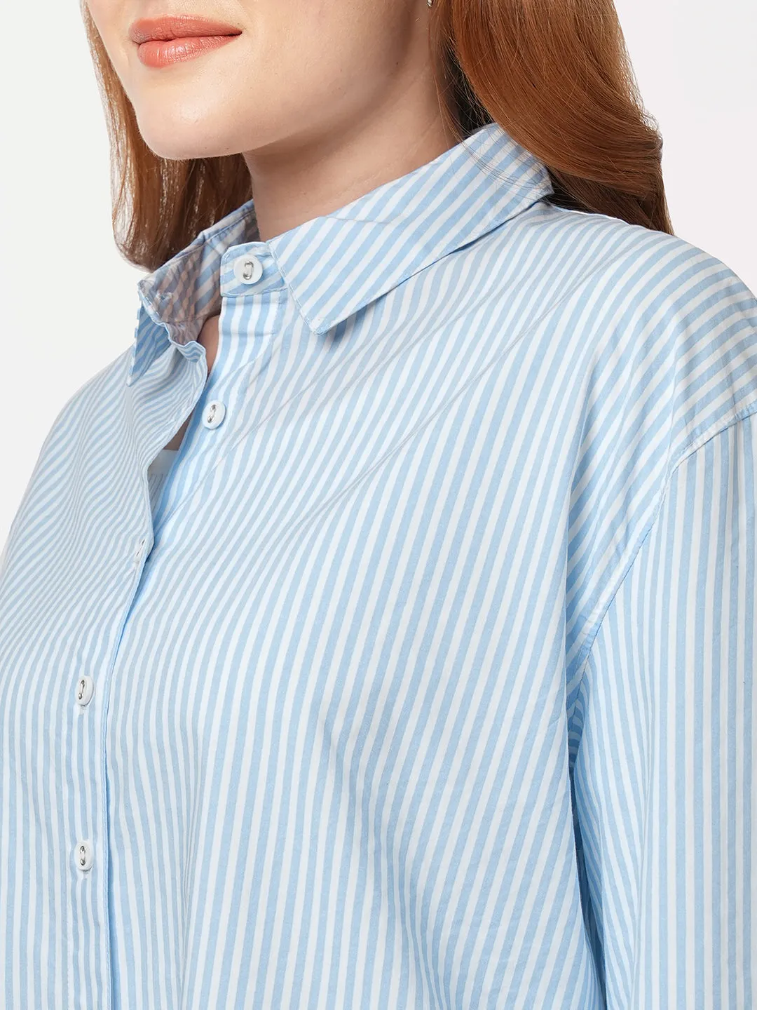Women Slim Fit Sky/White Oversized Shirt