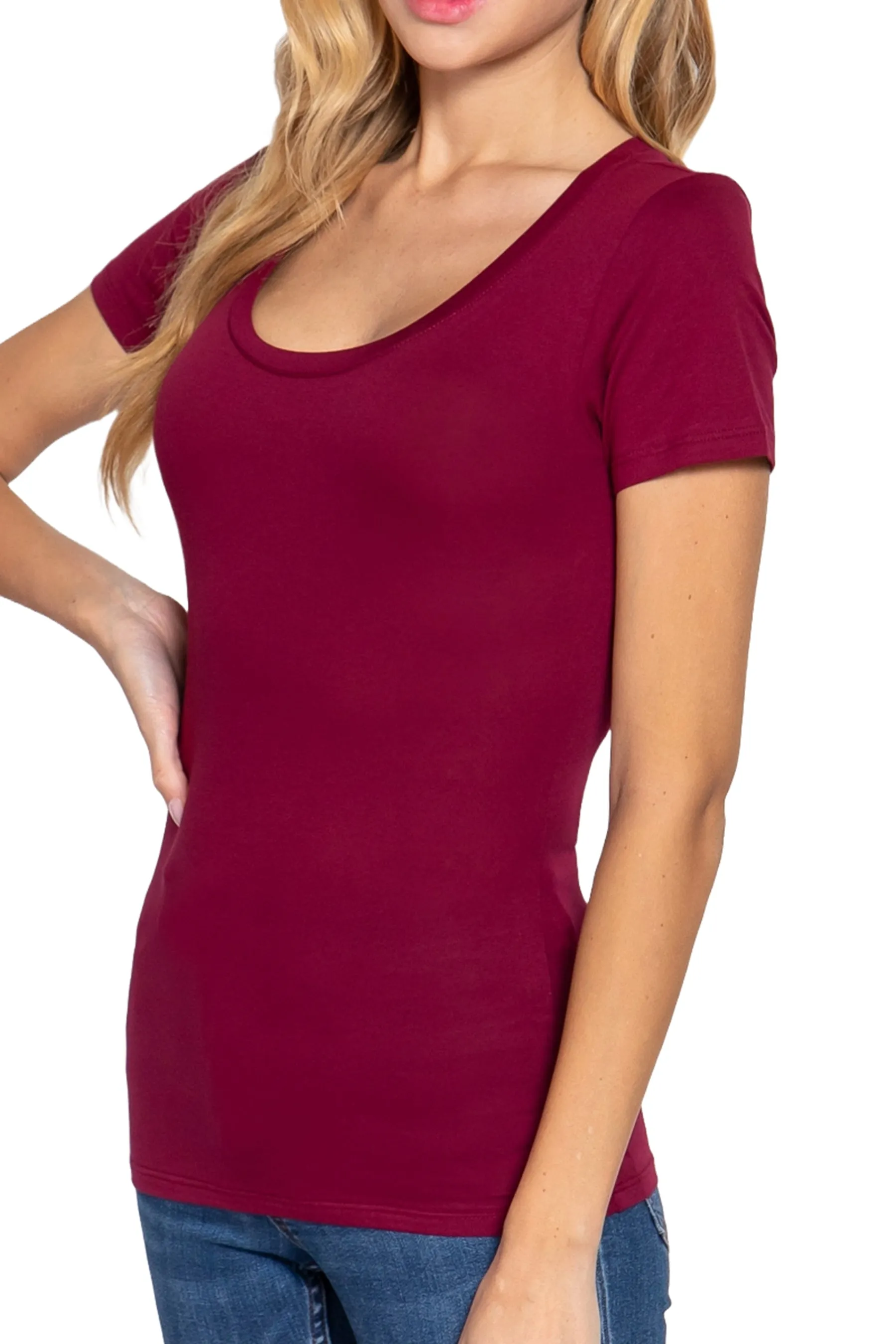 Women's Short Sleeve Scoop Neck Cotton Jersey Top - Soft and Stretchy 2-Pack